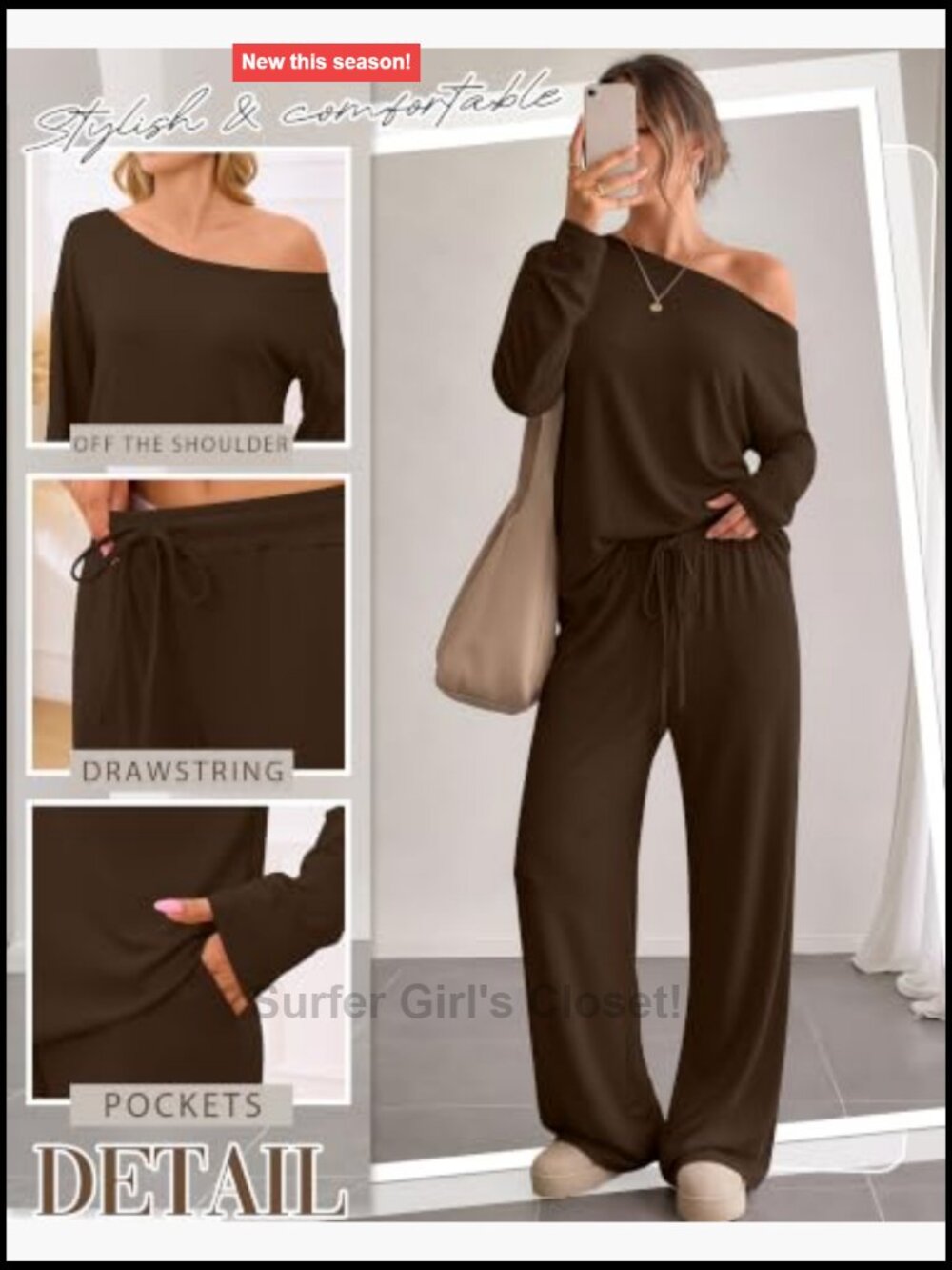 Women's 2 Piece Lounge Set Off Shoulder Top Wide Leg Pants - Picture 5 of 6